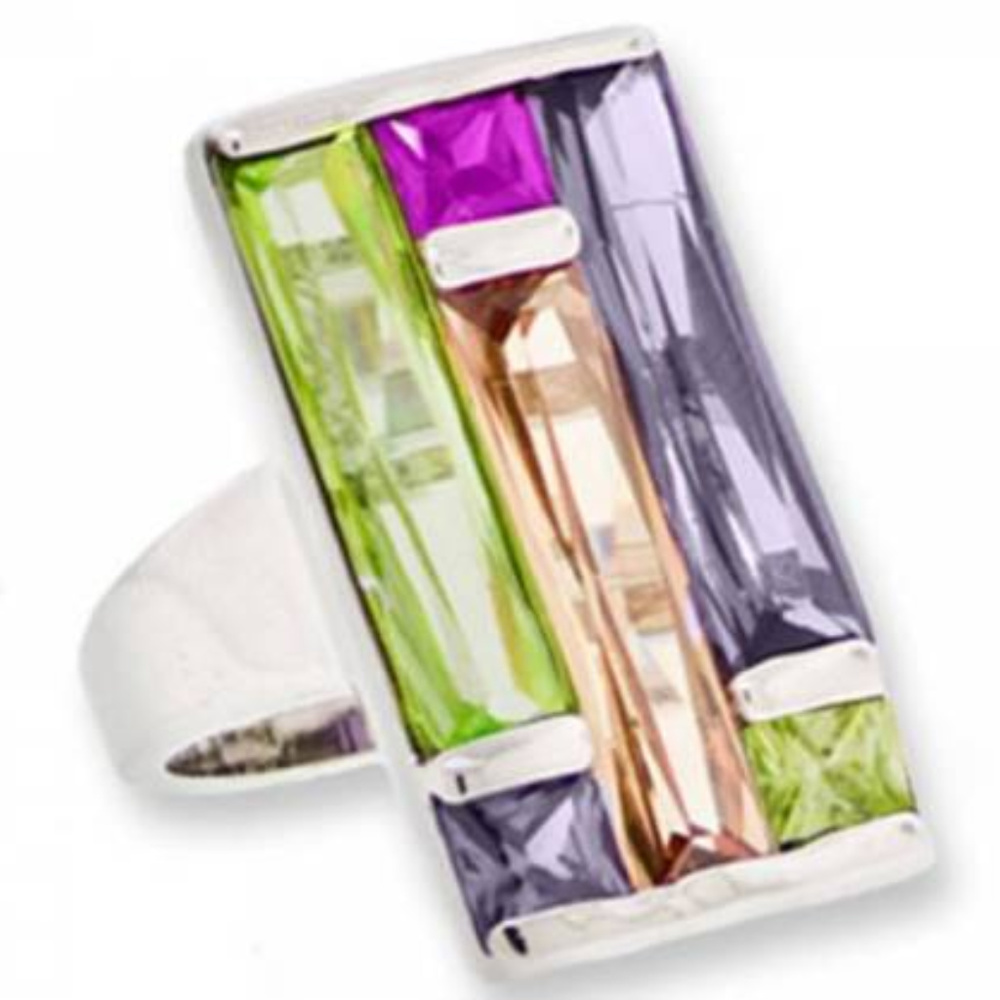 Multi colored ring stain glass window pane color block size 5 silver white gold